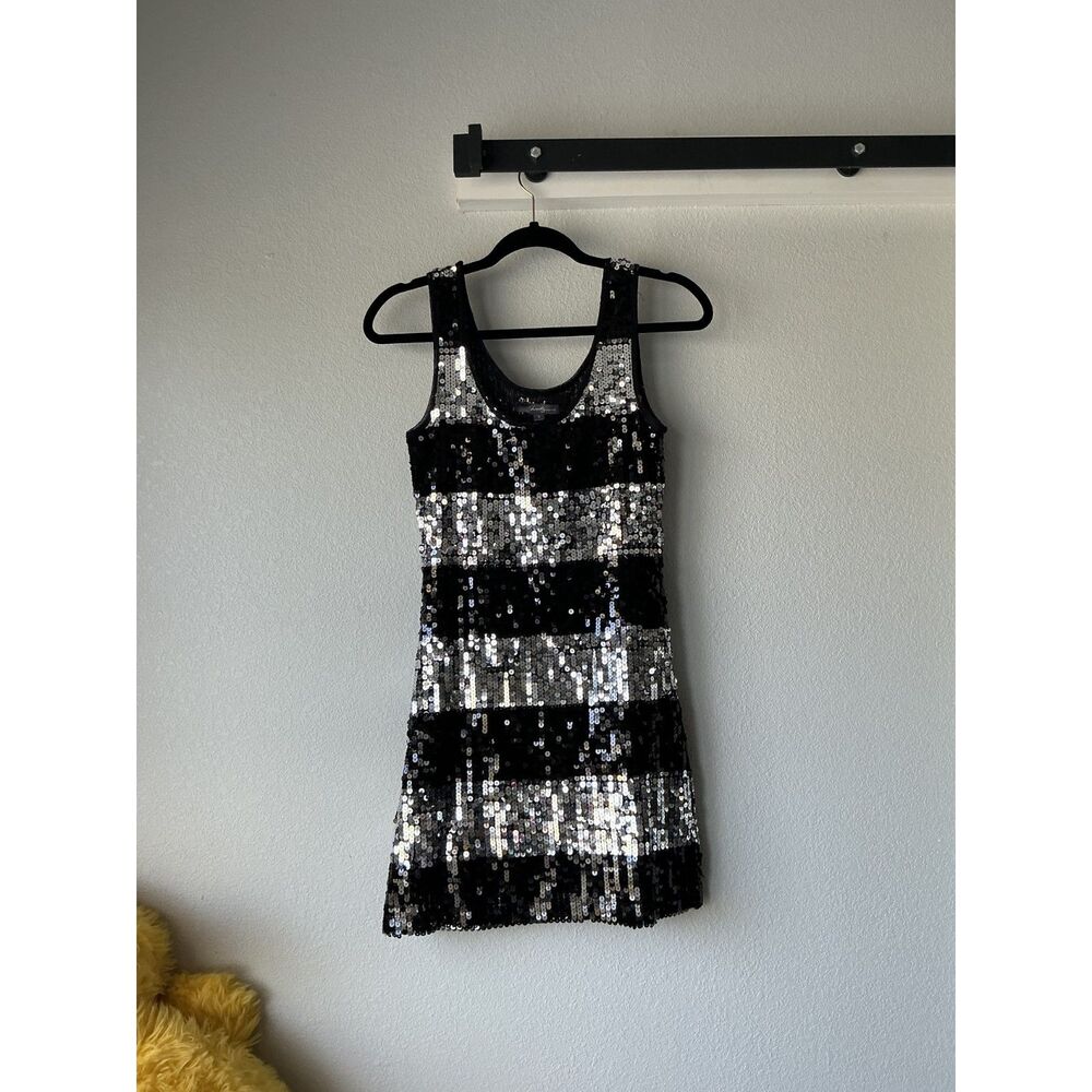 Sequin Mini Dress Size S Black Silver Striped Sleeveless Party Y2K NYE